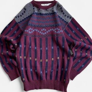 Vintage Sears Roebuck & Co. Burgundy & Blue Retro Funky Slouchy Grandpa Sweater